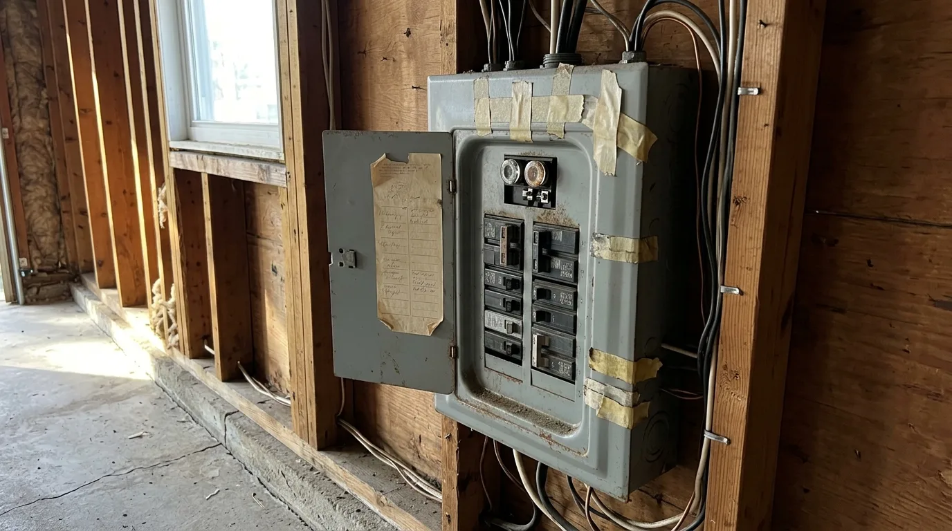 the old undersized residential electrical panel still mounted on a bare garage wall, mismatched breakers and taped-over knockouts, cool morning daylight raking in from the left, wall continuing past both edges