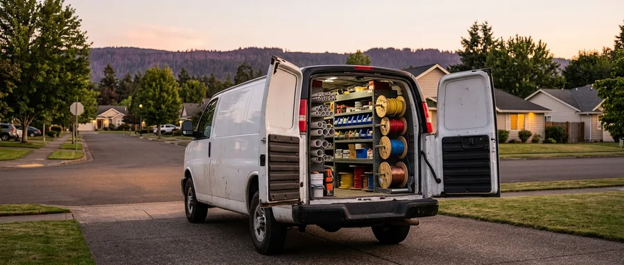 a work van parked on a suburban driveway at the end of the day, rear doors open on organised bins of conduit and wire spools, long low light across the street and a distant ridge line