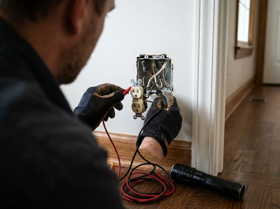 tight over-the-shoulder view of an electrician's hands holding multimeter probes against a de-energised receptacle box in a home hallway, test leads and a flashlight resting on the baseboard beside the open faceplate