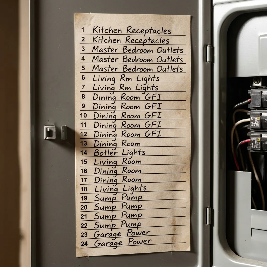 macro of a finished breaker panel's printed circuit directory card inside the door, each line hand-lettered with room names, close raking light